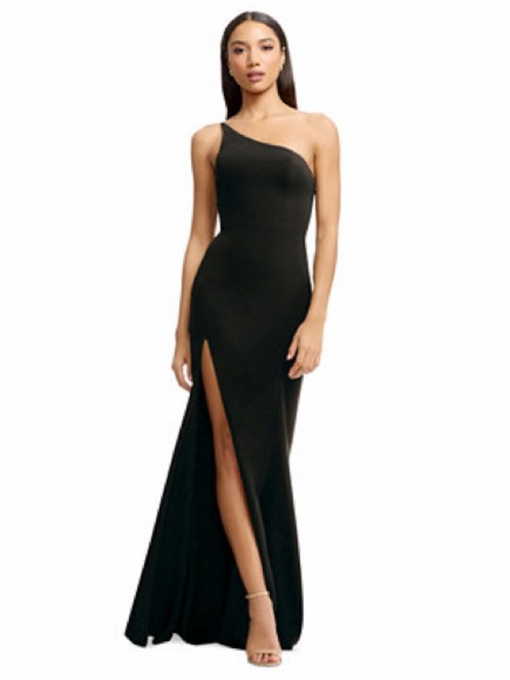 Dress the Population One-Shoulder Black Evening Gown with Thigh Slit